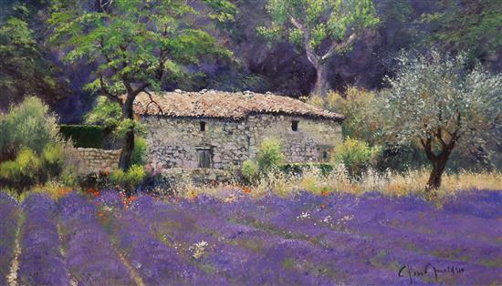C. John Donaldson, oil on panel, Farm and Lavender Field, Italy - Grasses, signed, 30 x 50cm